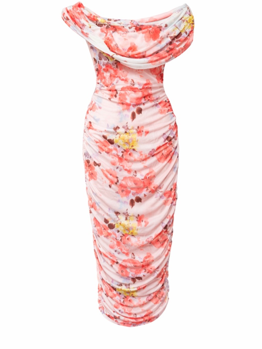 Vintage Bebe Floral Ruched Bodycon Dress Off Shoulder Pink Mesh Y2K XS Made USA